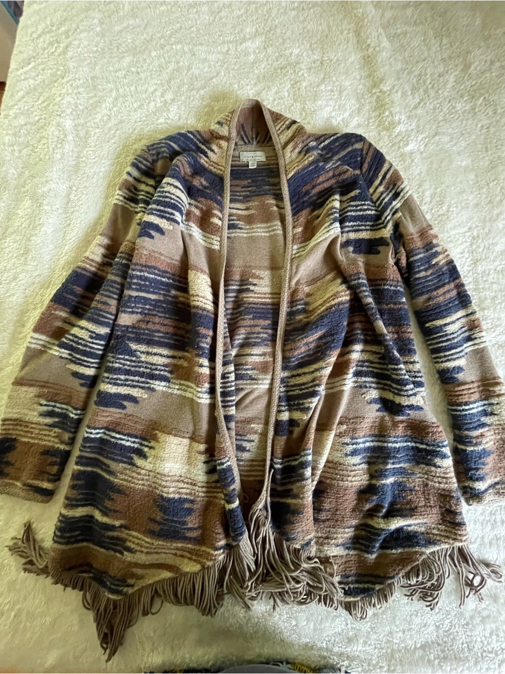 Lucky Brand Multicolor Striped Fringe Cardigan in Brown, Navy & Cream